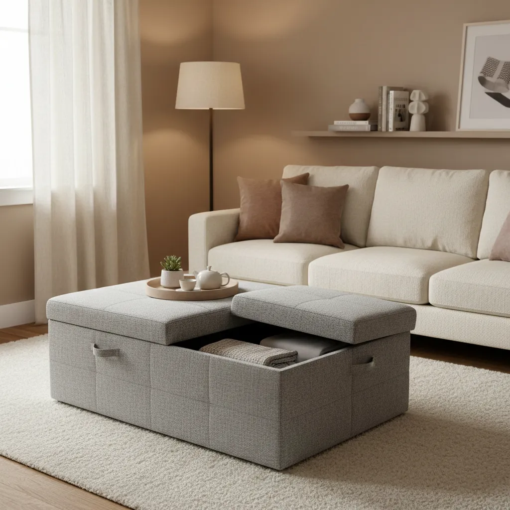 Storage ottoman used as coffee table in a small living room