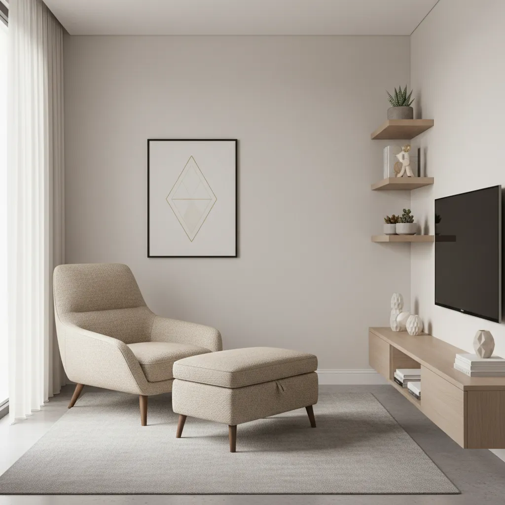 Storage ottoman used with accent chair in a small living room