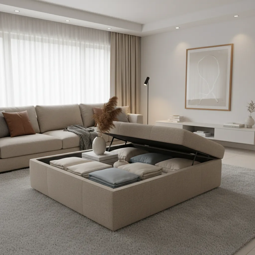 Upholstered storage ottoman open with blankets inside