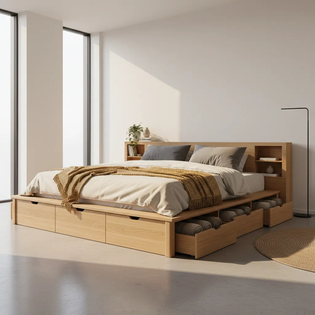 platform bed with storage drawers in modern bedroom