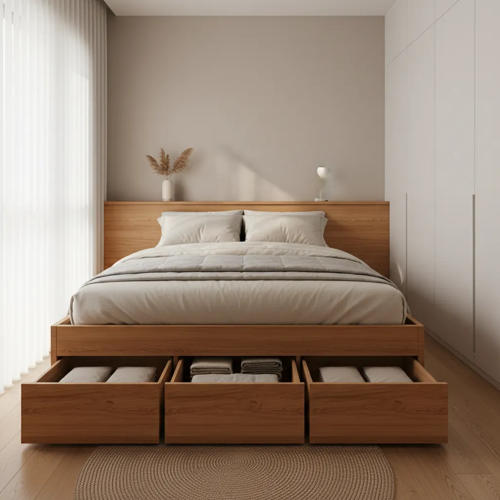 Storage platform bed with drawers in a small modern bedroom