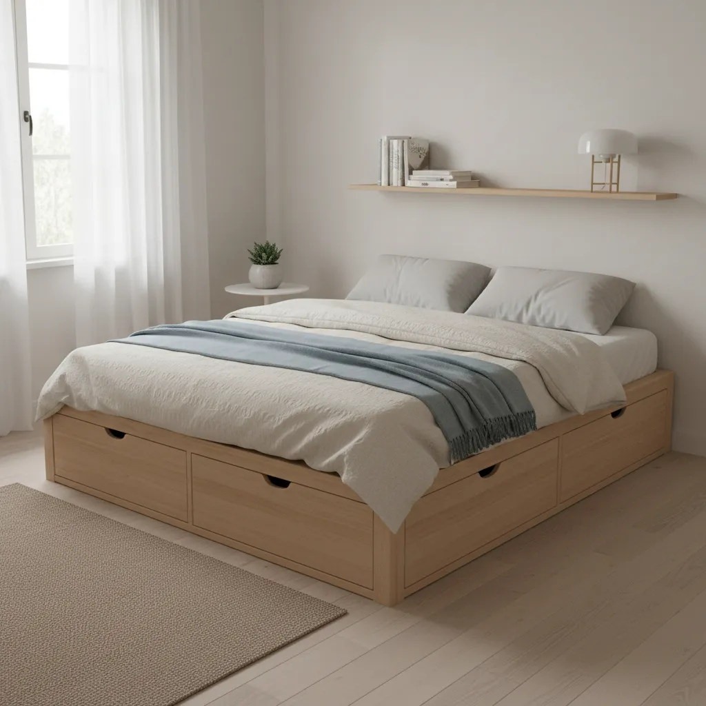 modern storage platform bed with drawers in small bedroom