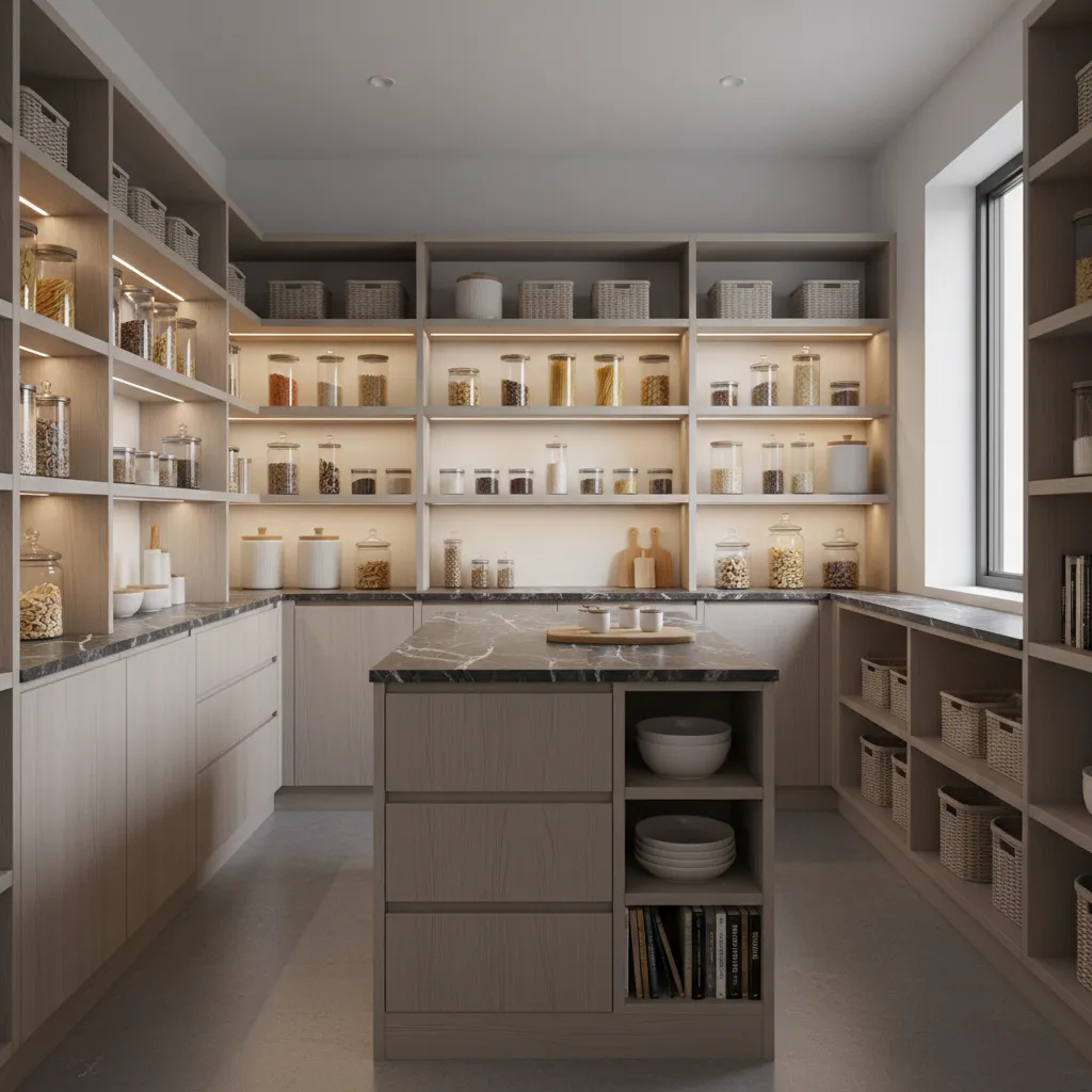 Spacious walk in pantry room with wood cabinets glass jars marble island and shelf lighting