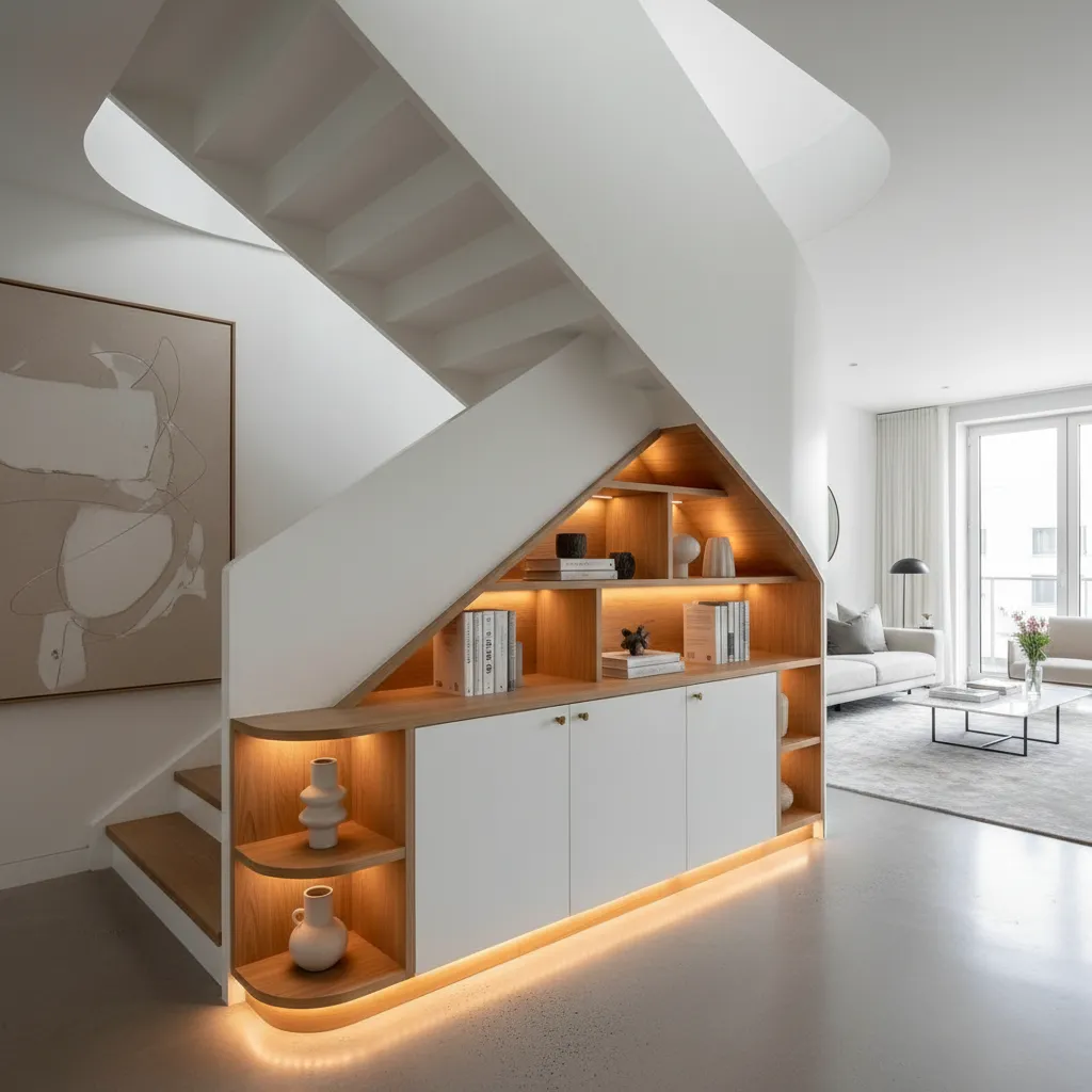 Custom wood cabinet with built in lights and shelves positioned underneath a modern white staircase