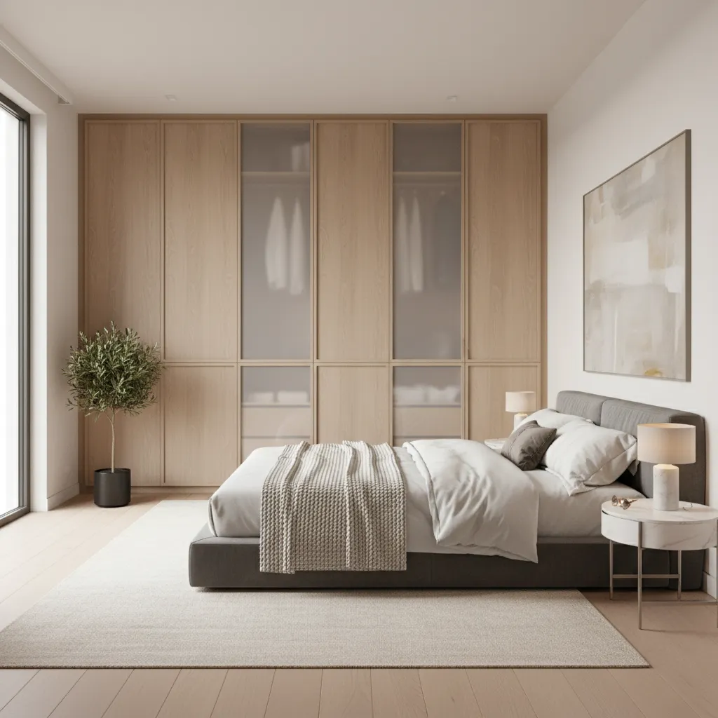 bedroom with consolidated wardrobe storage wall layout
