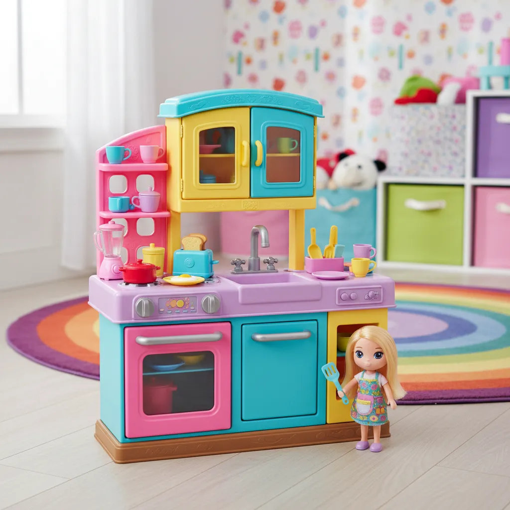 Colorful plastic store bought Barbie kitchen playset with accessories