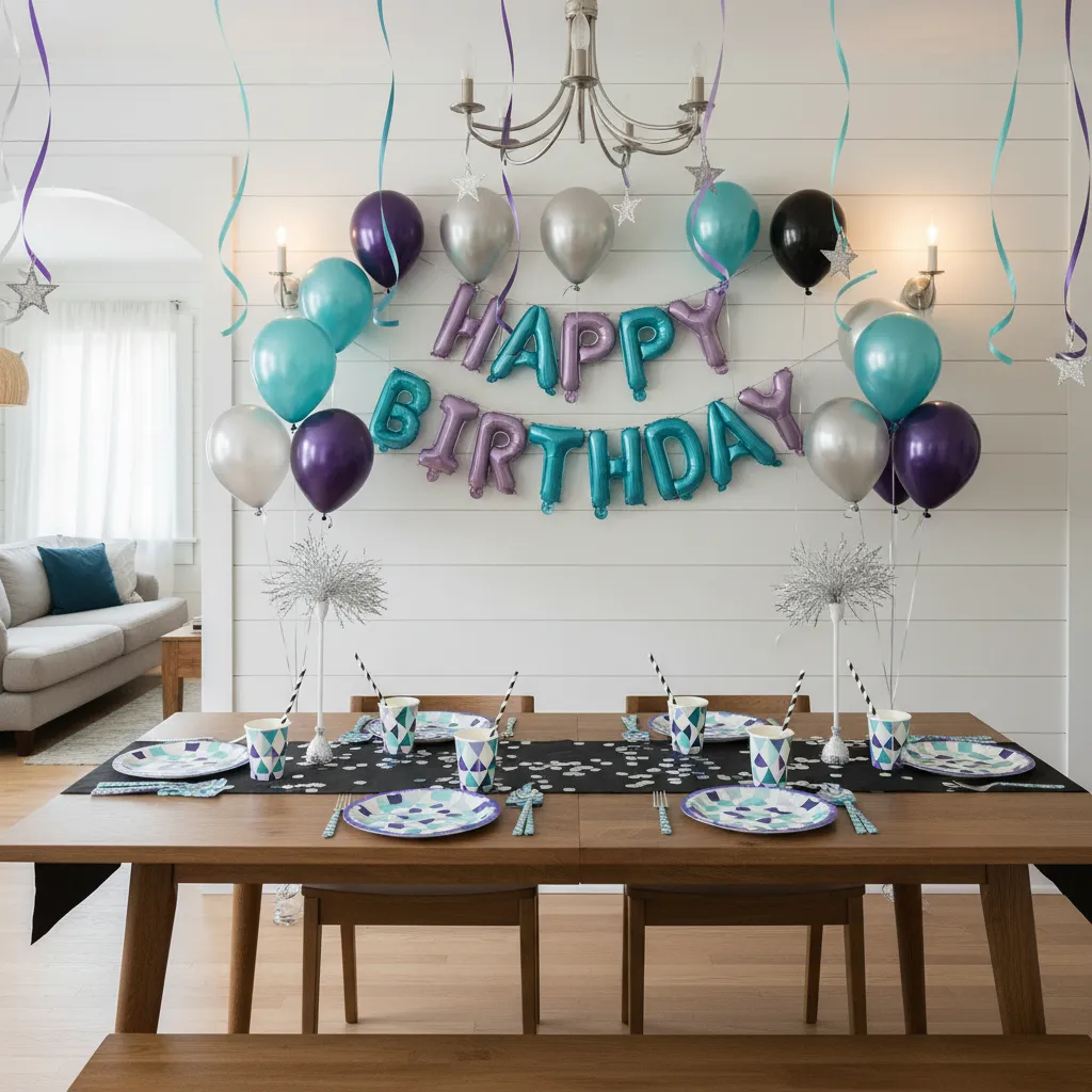 store bought birthday party decoration set with matching balloons banners and tableware