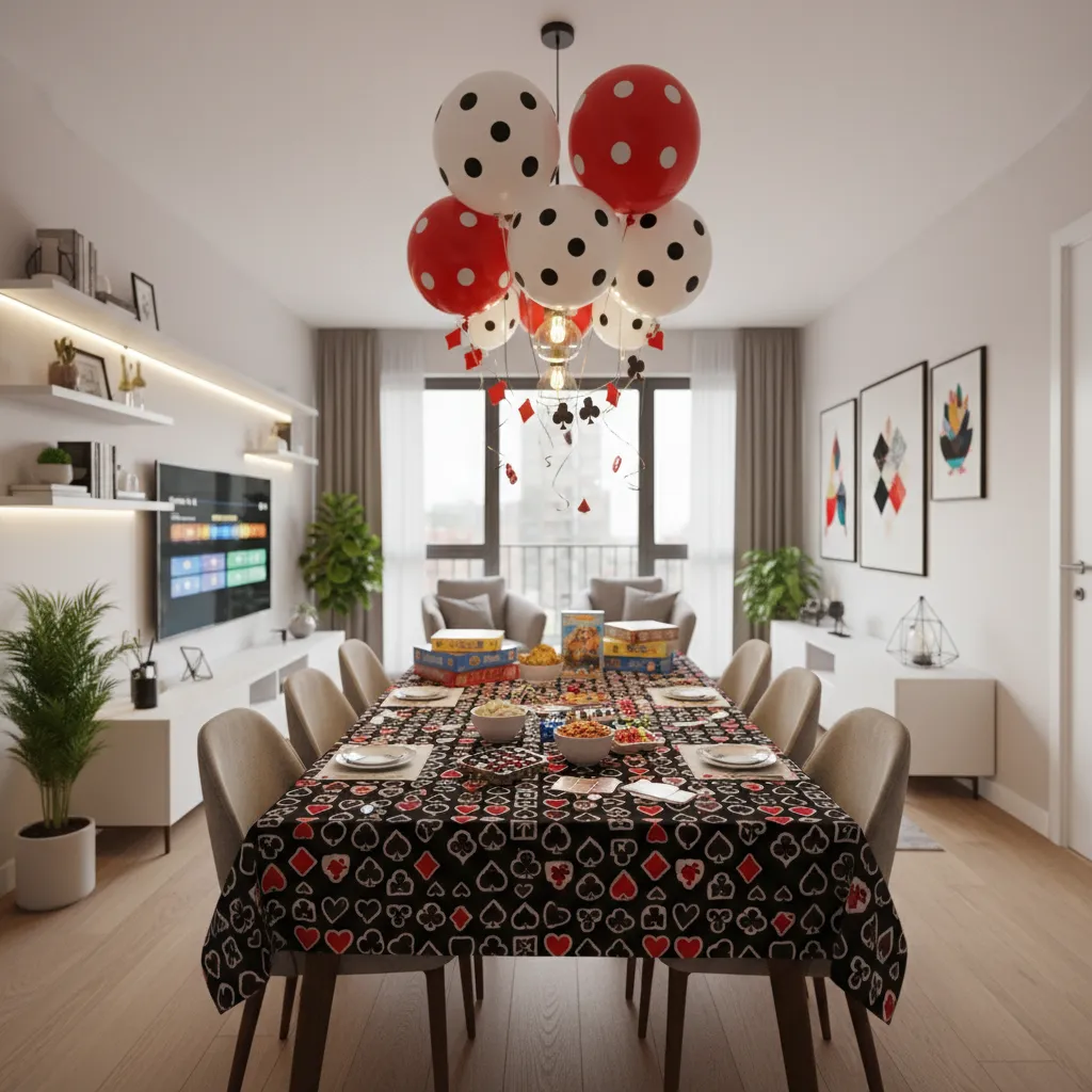 store bought board game party decoration kit with dice balloons and banners