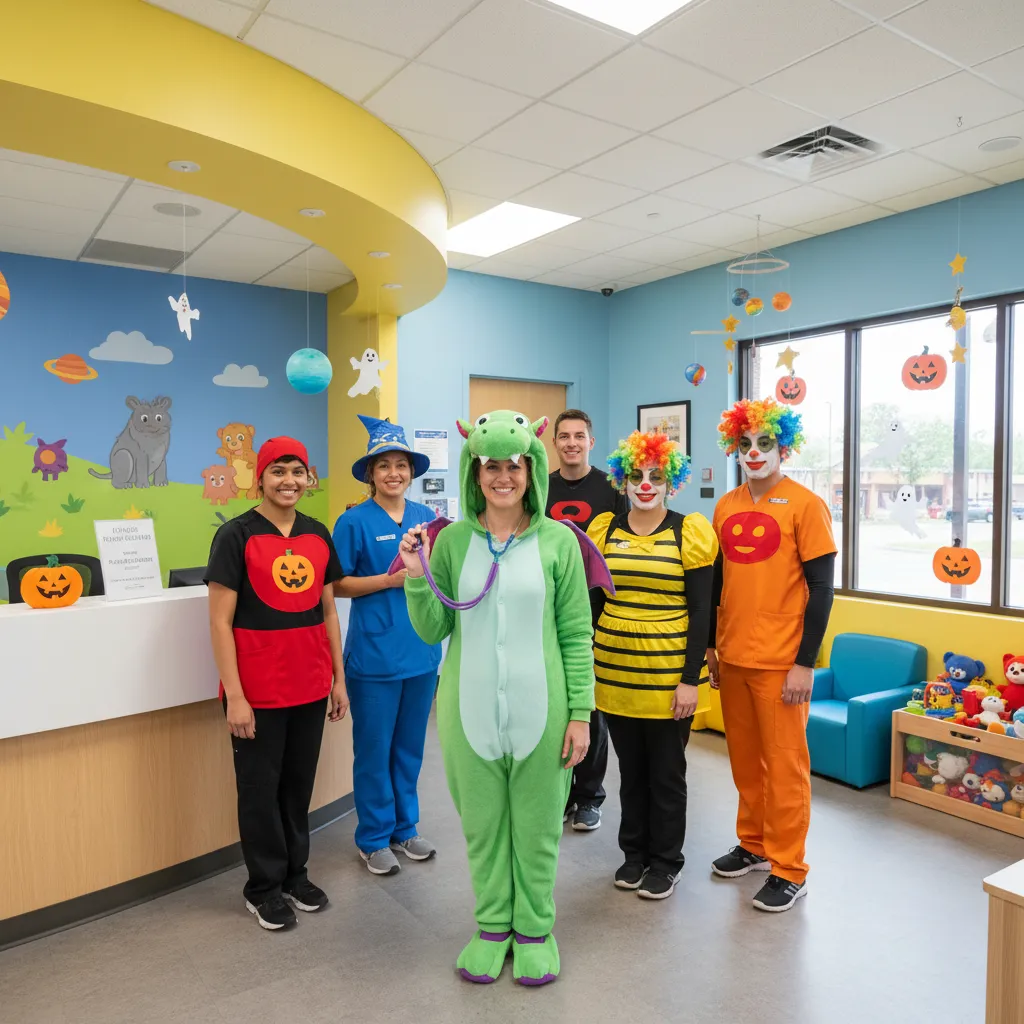 pediatric clinic team wearing matching store bought Halloween costumes