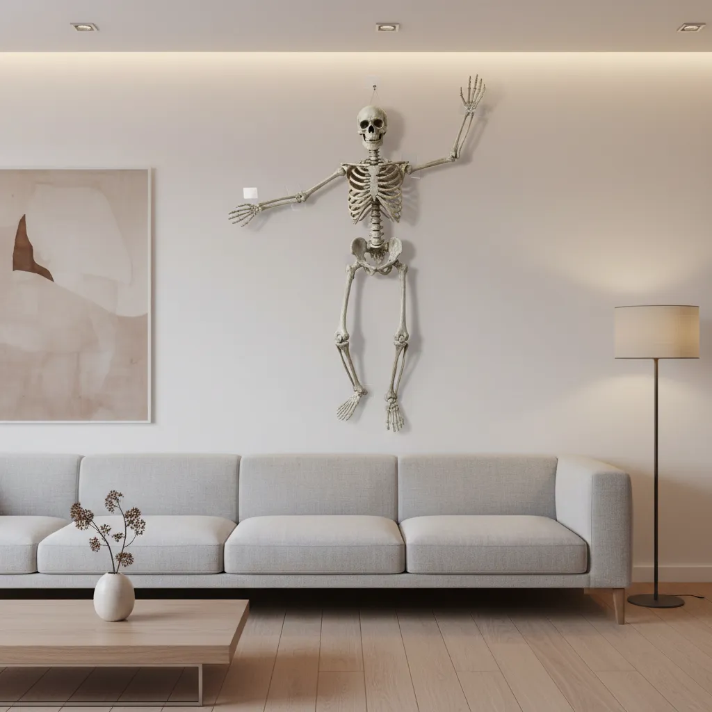 store bought plastic skeleton wall decoration hanging on modern home wall for Halloween