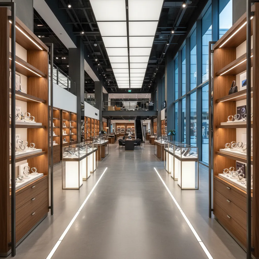 Diseño interior de tienda que dirige al cliente desde la entrada hacia los productos