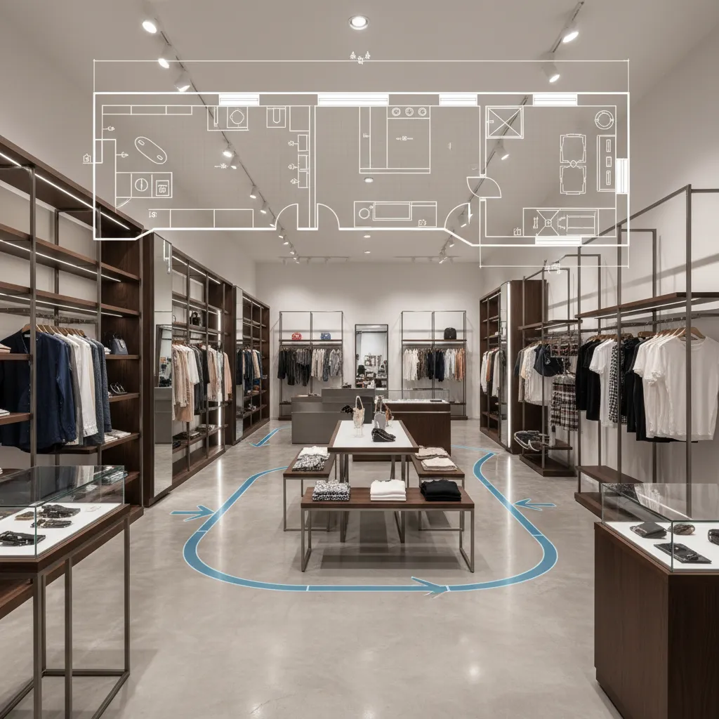 Modern retail store interior with wooden clothing racks and white floor plan drawing overlay design
