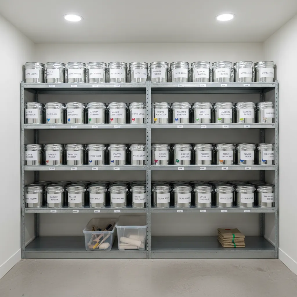 Sealed paint cans stored neatly indoors for reuse