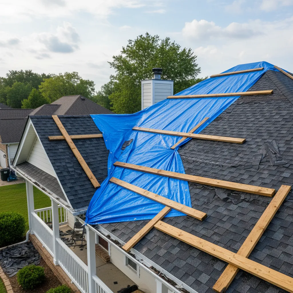 blue tarp covering damaged section of residential roof after storm