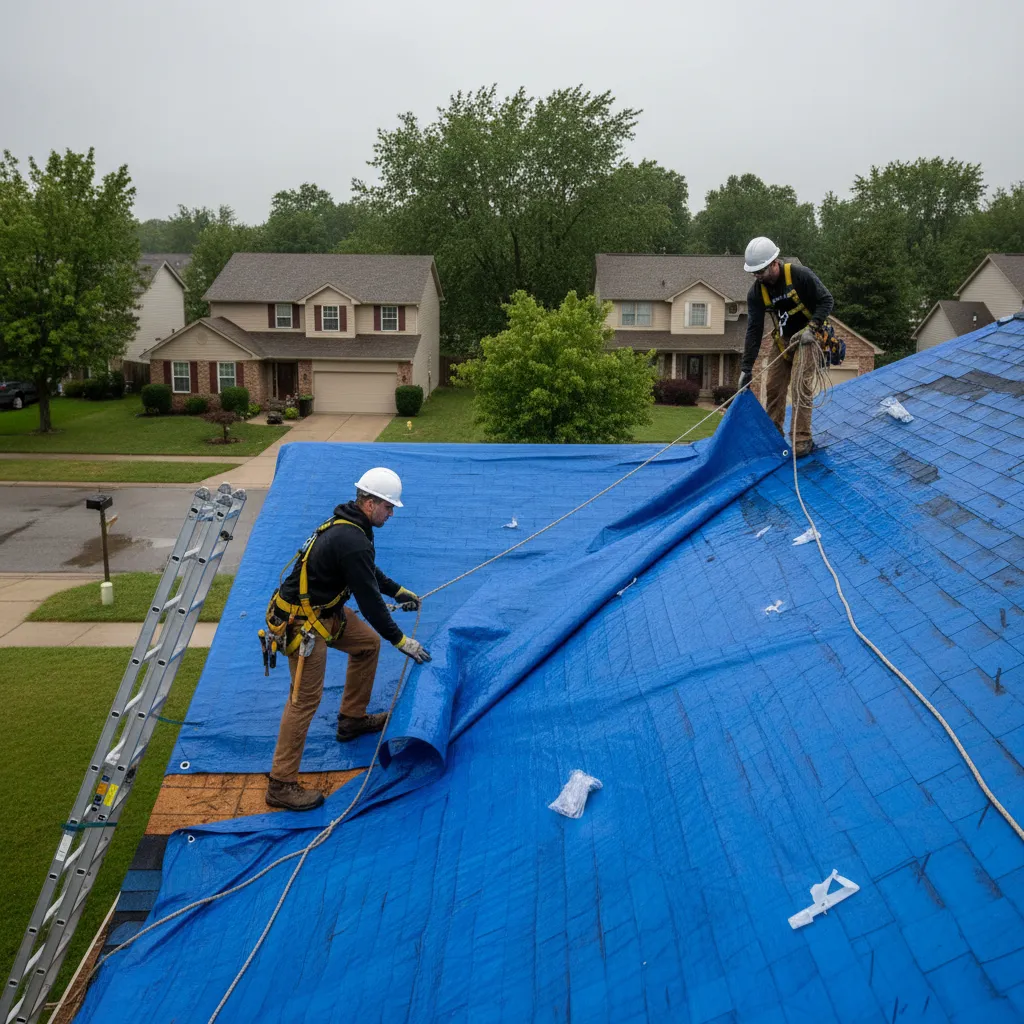 contractors installing emergency roof tarp on storm damaged residential roof