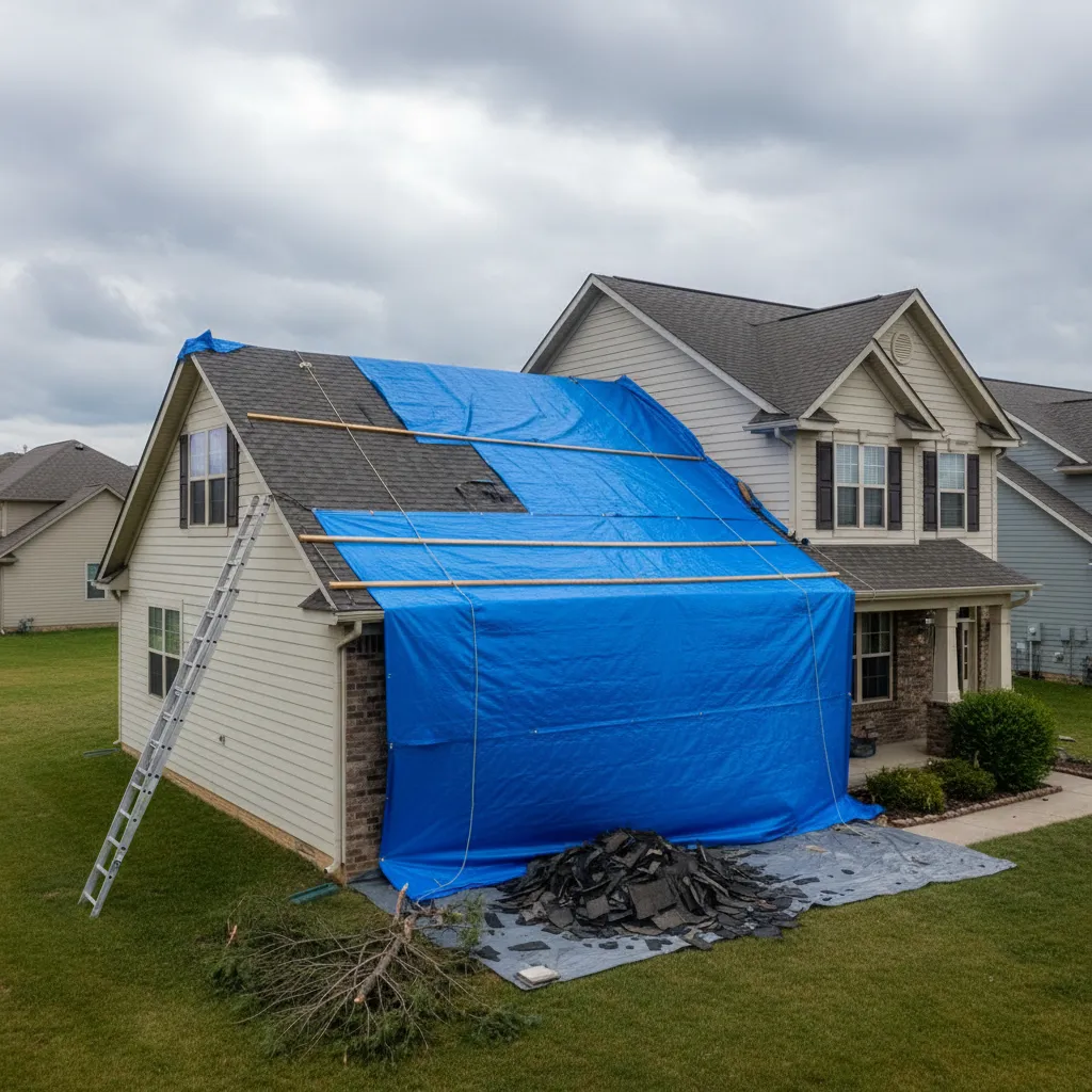 blue tarp covering damaged residential roof after storm