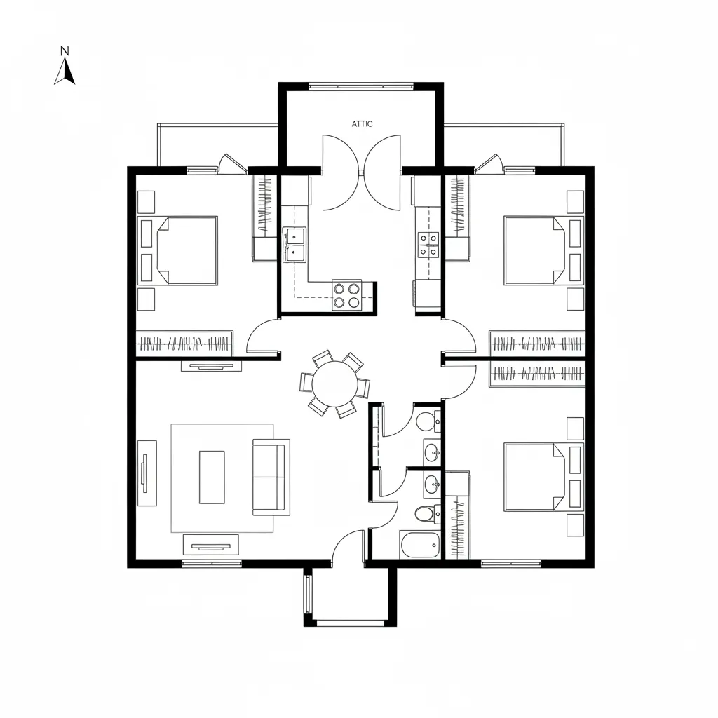 Black and white floor plan showing three bedrooms central dining area kitchen and a large attic