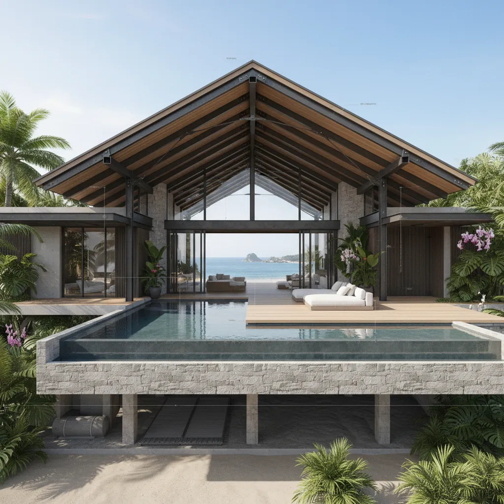 Tropical house with hip roof designed for storm resistance