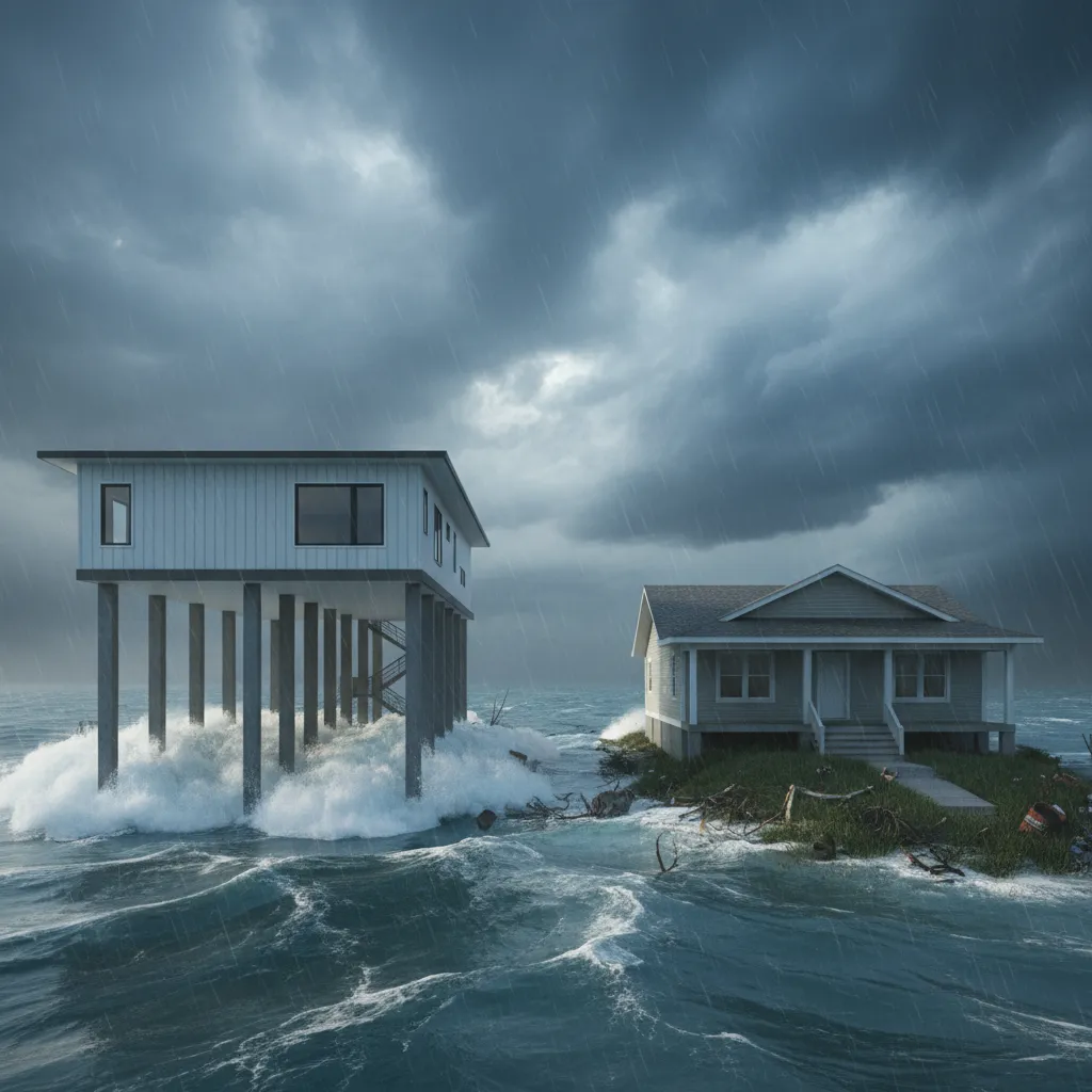 Comparison of storm surge impact on elevated beach house versus ground level slab house