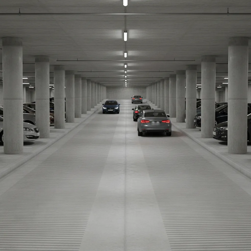 Straight basement parking ramp leading into underground garage