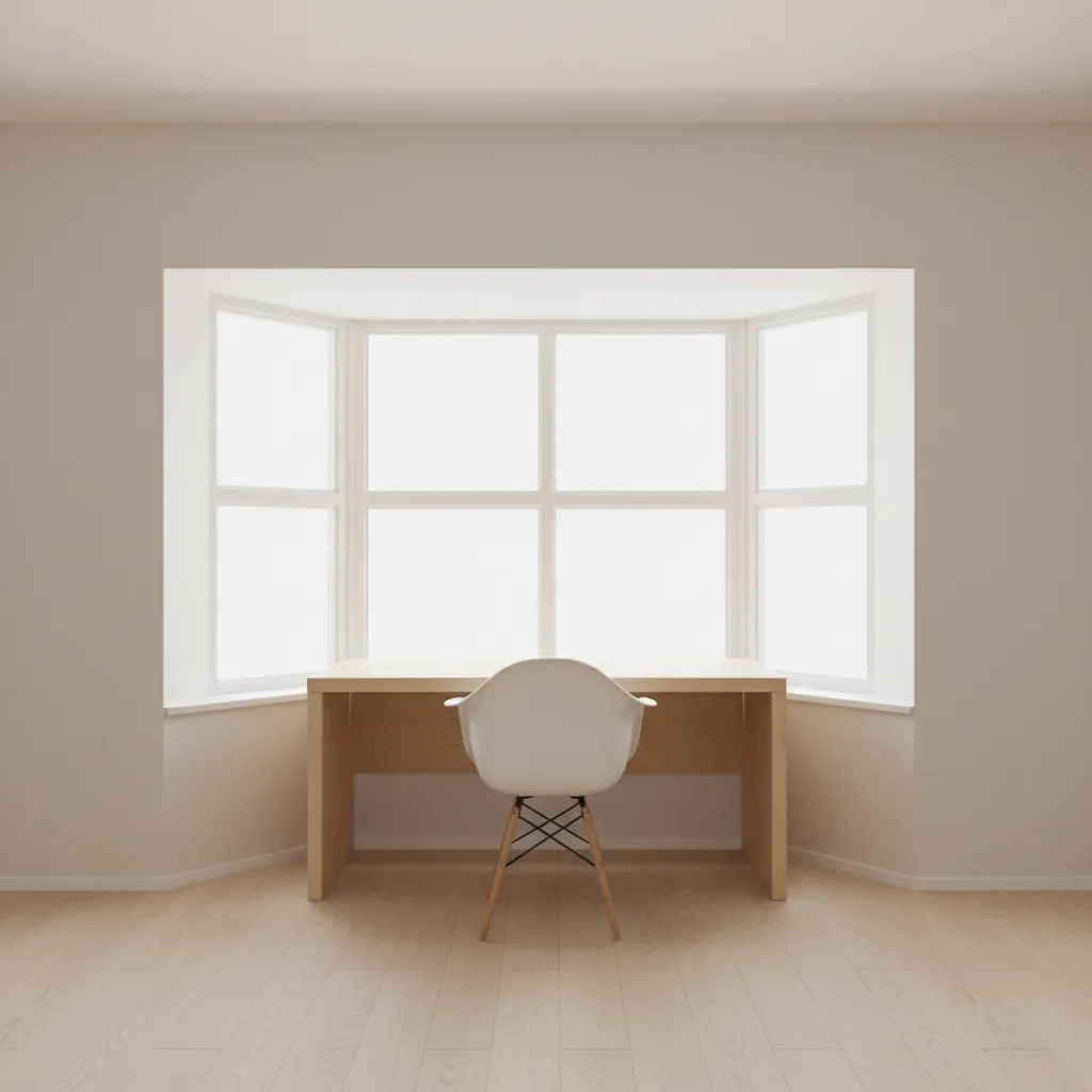 Straight desk placed inside a bay window leaving corner gaps behind