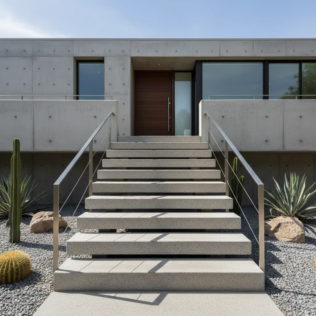 Escalera exterior recta de hormigón frente a una vivienda moderna