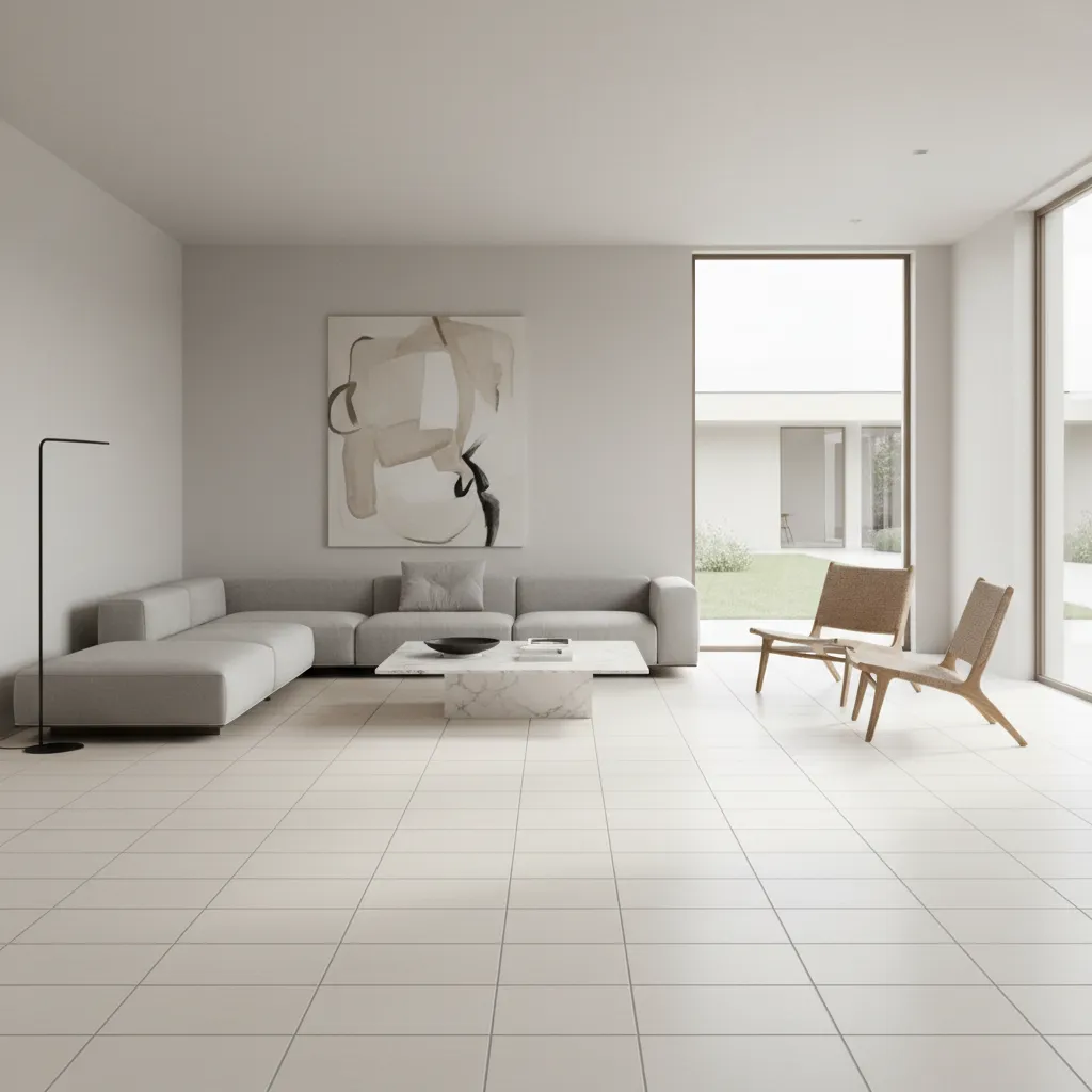 Straight grid tile layout in a modern living room floor