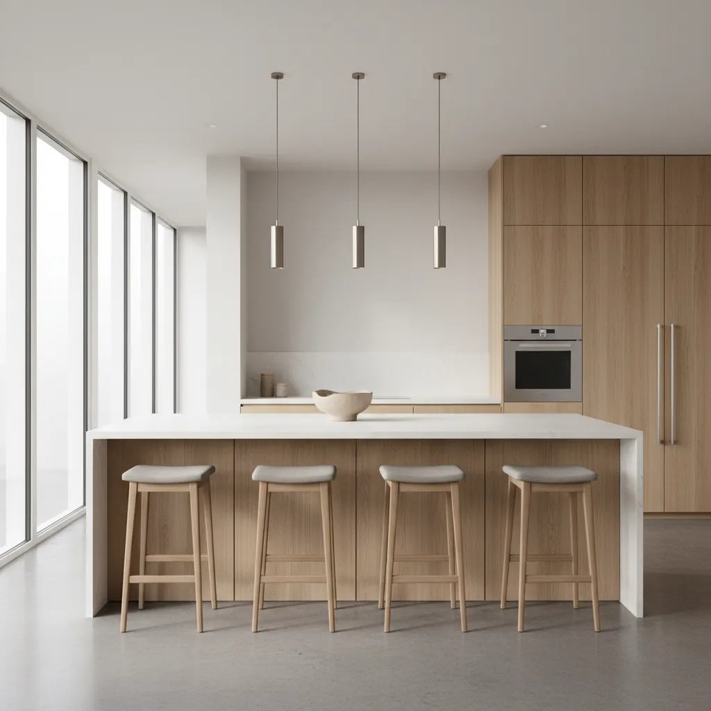 straight kitchen island layout with four bar stools and seating overhang