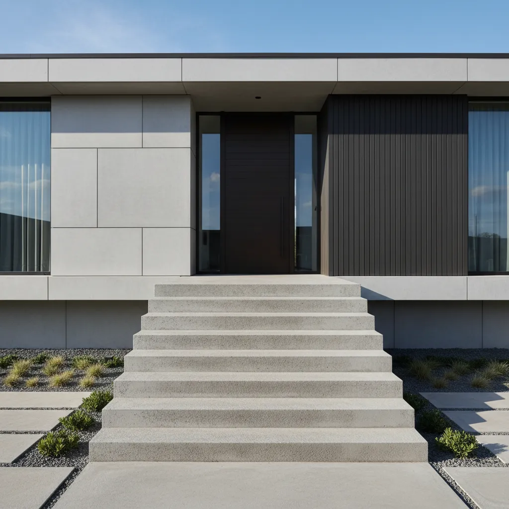 Escalera exterior recta de hormigón en la entrada de una casa moderna
