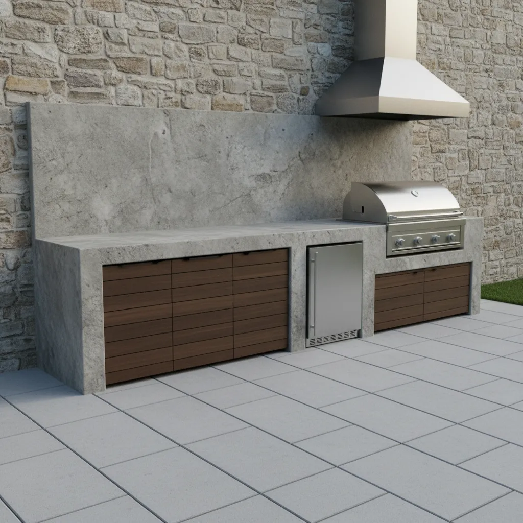 Straight outdoor kitchen layout with grill and counter along a wall