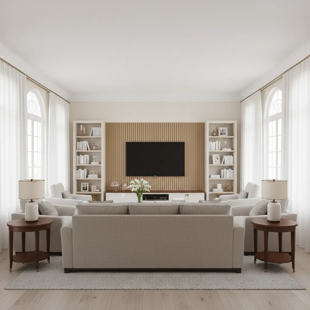 Living room with traditional straight sofa placed against the wall facing TV