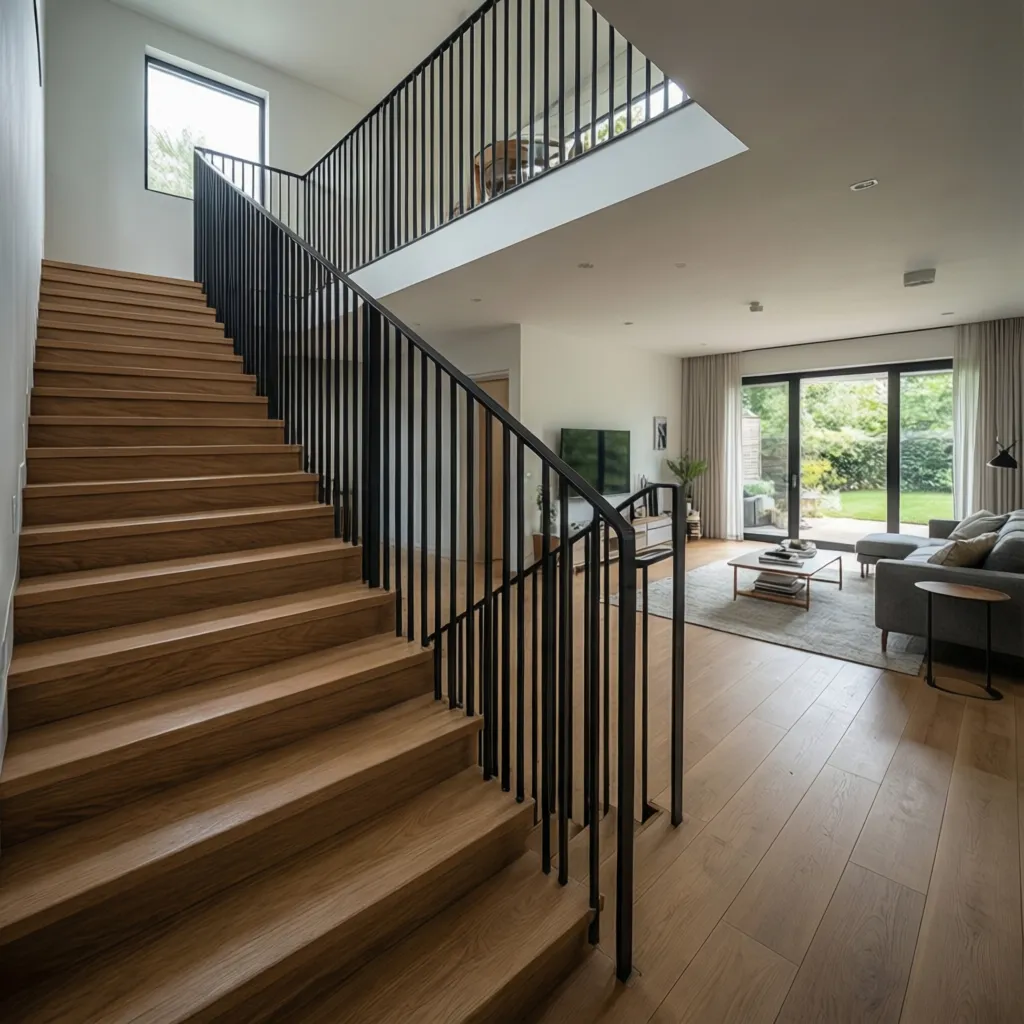 Escalera recta interior en casa contemporánea