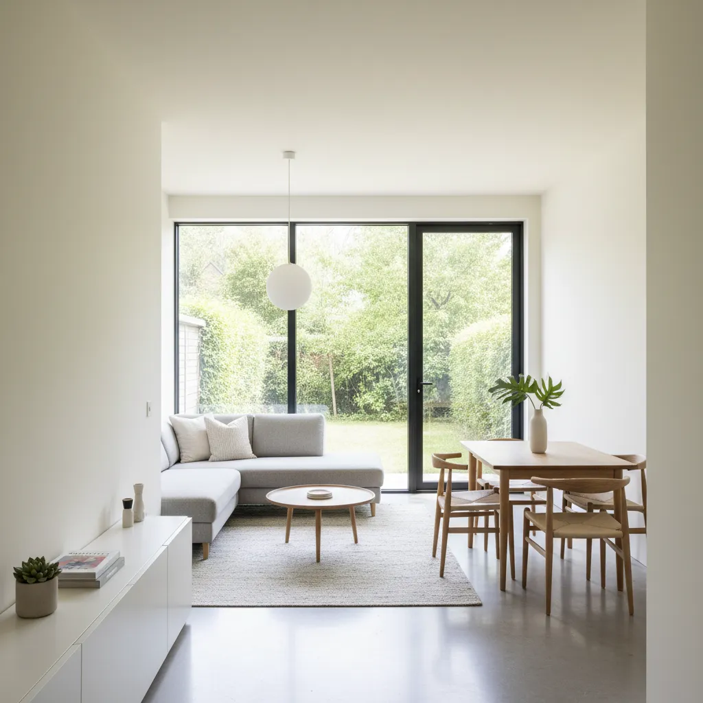 Modern living room with grey sofa wooden dining table and large windows overlooking a garden