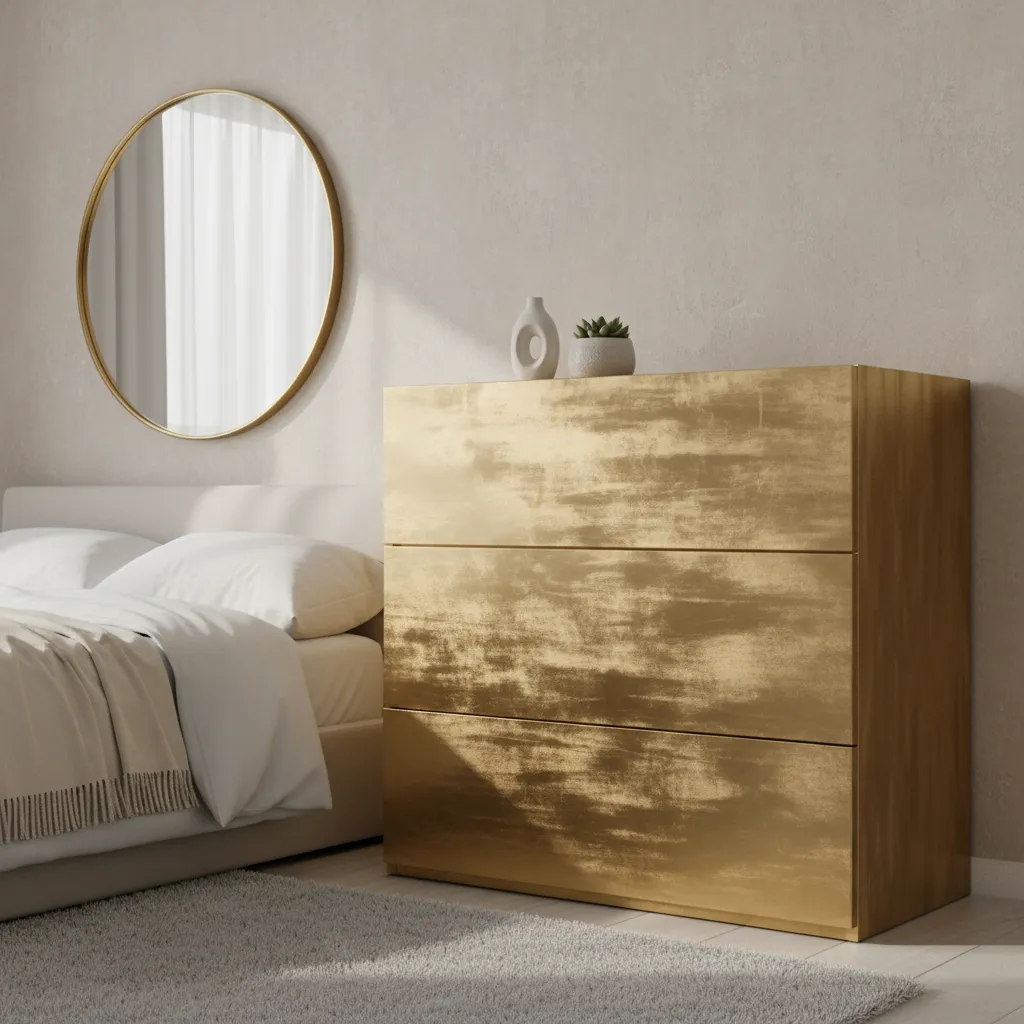 dresser with uneven streaky gold paint finish showing common metallic paint problem