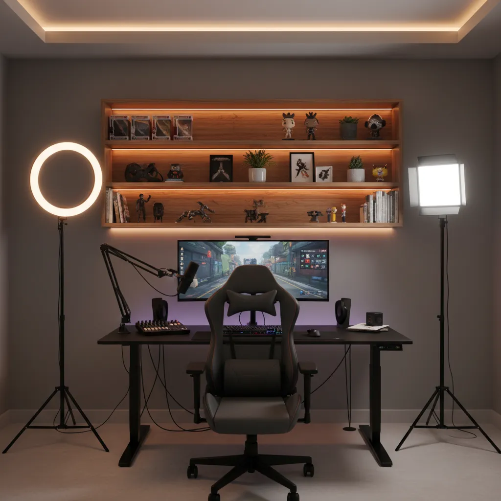 streaming room layout with camera lighting and decorated background