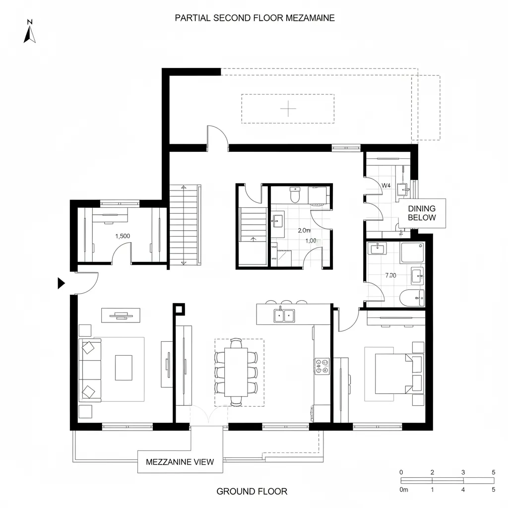 Top-down CAD plan of a linear foyer spine with stair to mezzanine and great room