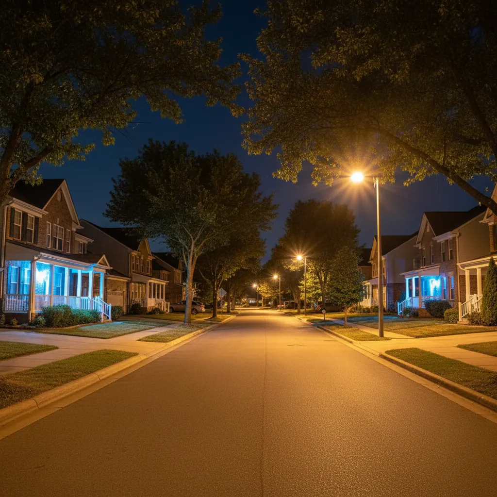 Neighborhood street at night with several houses displaying blue porch lights