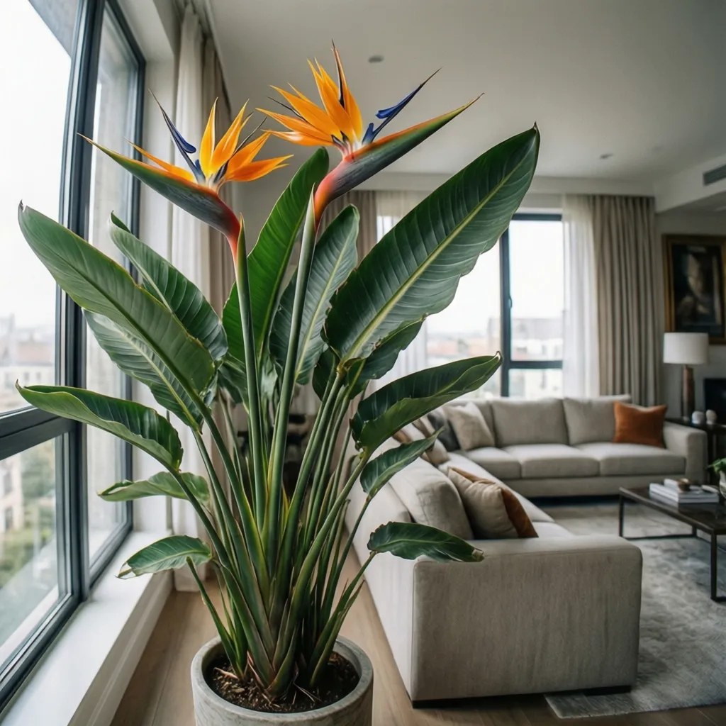 Strelitzia grande junto a ventana en interior moderno