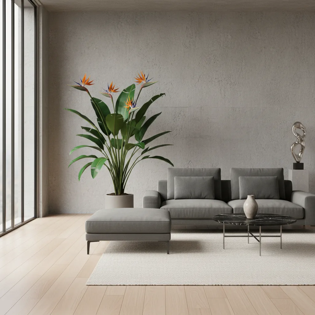 Strelitzia grande en un interior moderno minimalista