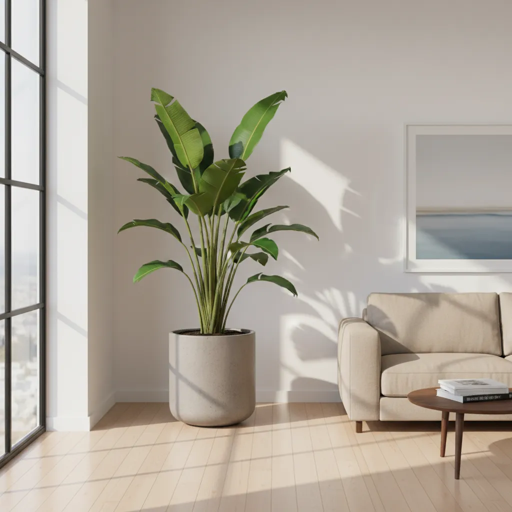 Planta strelitzia grande en interior moderno con paredes blancas