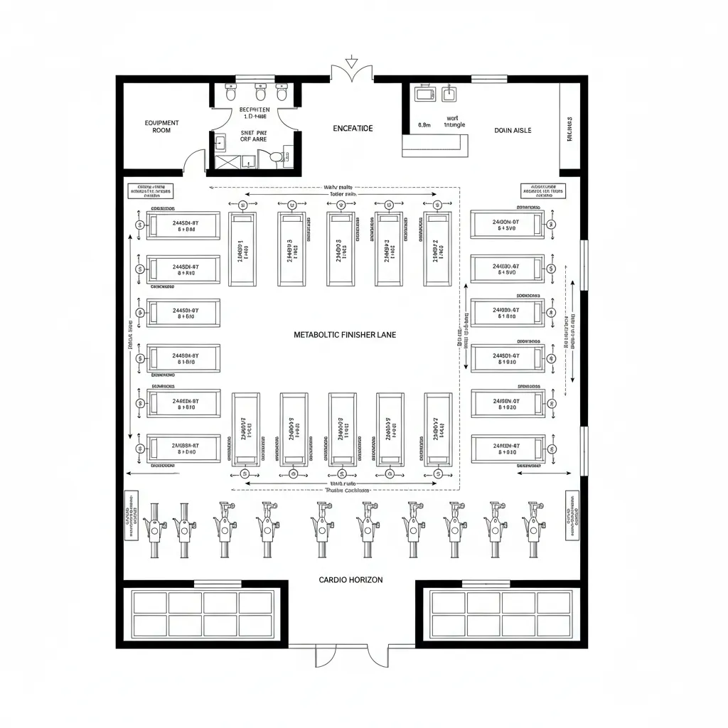 Interior design drawing showing a gym room layout with fitness equipment cardio machines and open aisles