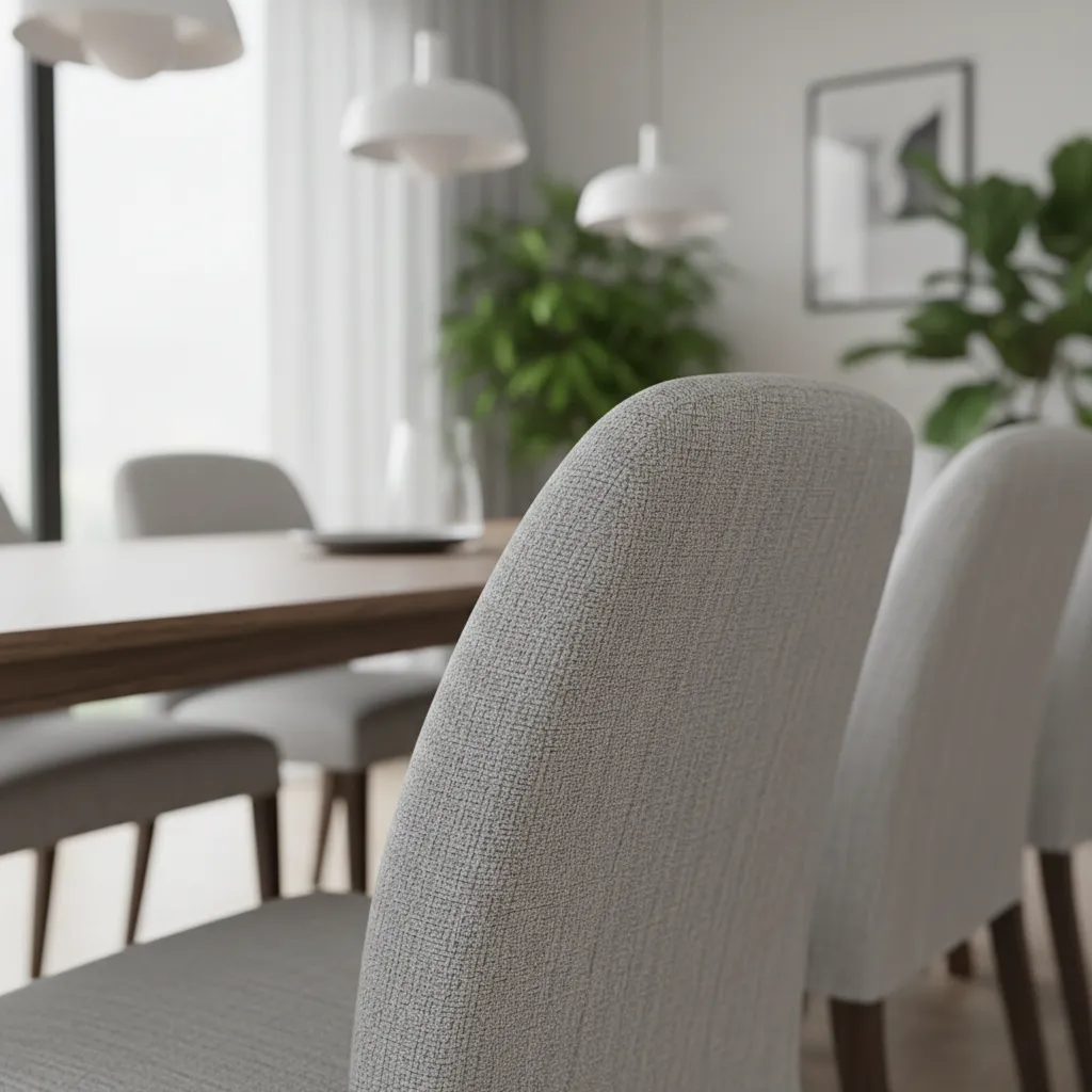 Detailed texture of stretch polyester spandex chair cover on curved dining chair