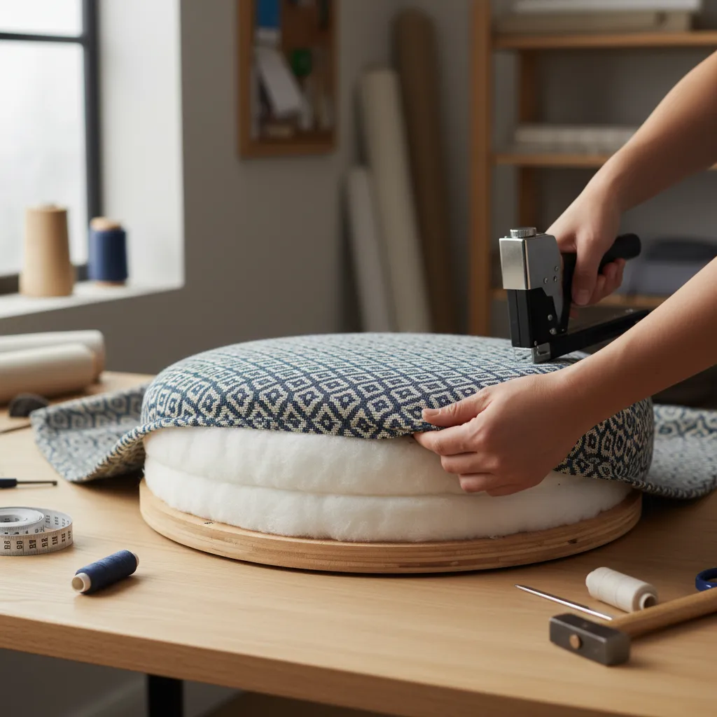 Fabric being stretched evenly across a dining chair seat during upholstery