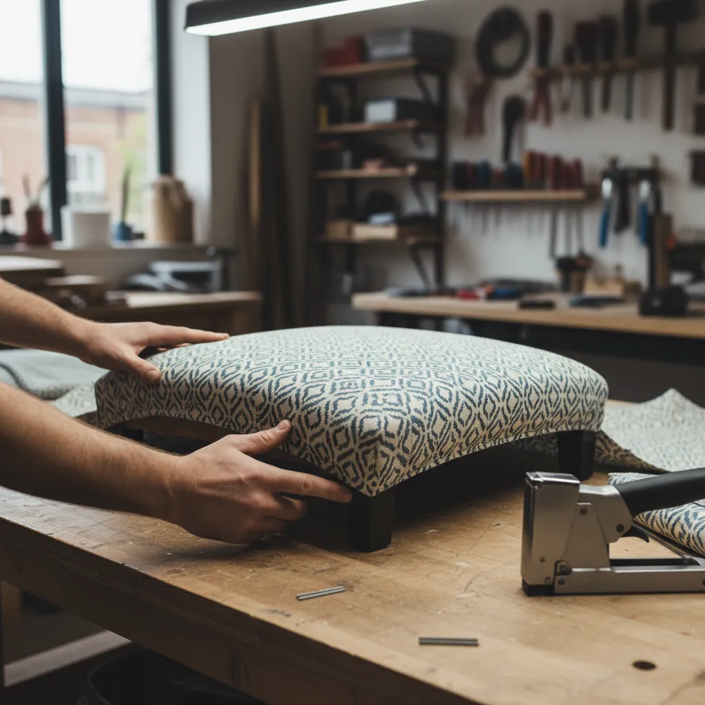 Hands stretching upholstery fabric across dining chair seat foam before stapling