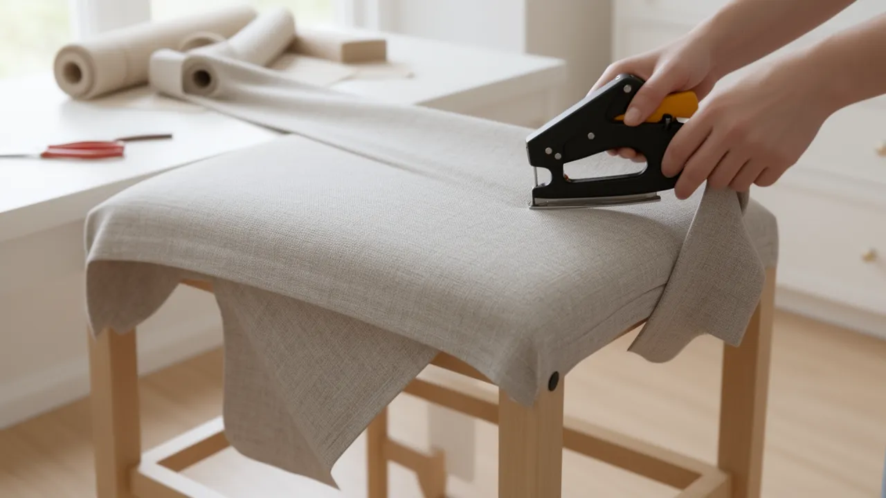 Stretching upholstery fabric tightly across dining chair seat