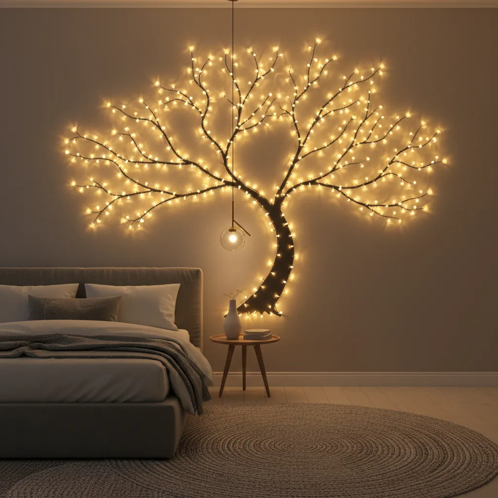 warm string lights arranged in a tree shape on bedroom wall