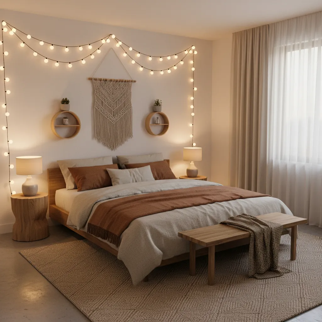 cozy bedroom wall decorated with warm string lights