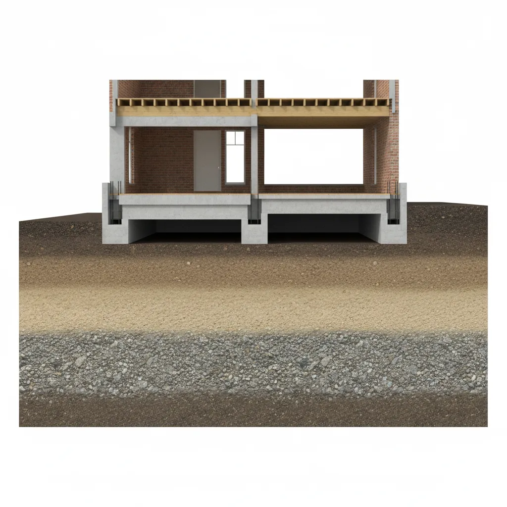Interior design drawing showing cross section of house foundation with soil layers and concrete base