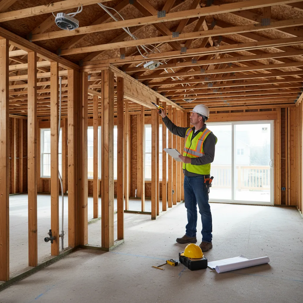 Engineer inspecting structural framing and foundation of an existing house before second floor addition