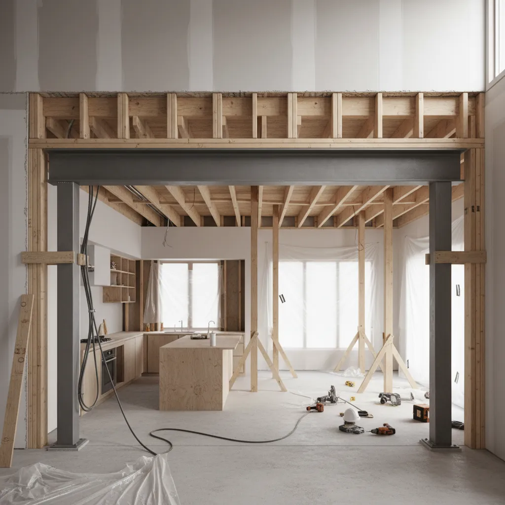 Steel beam installed where load bearing wall was removed between kitchen and living room
